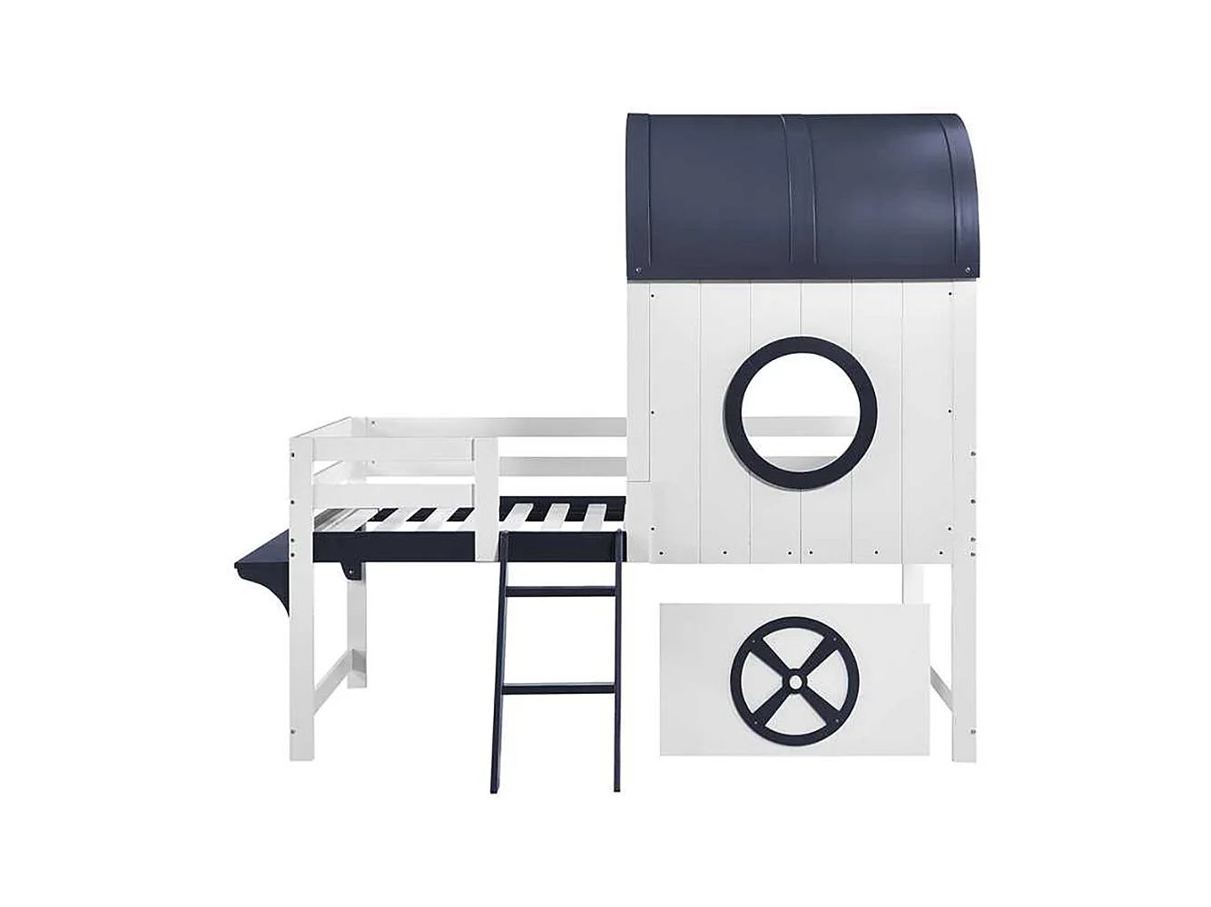 Lit mi-hauteur enfant 90x200 toit fenêtre tiroir roulettes échelle inclinée deux marches pin MDF contreplaqué blanc et bleu foncé