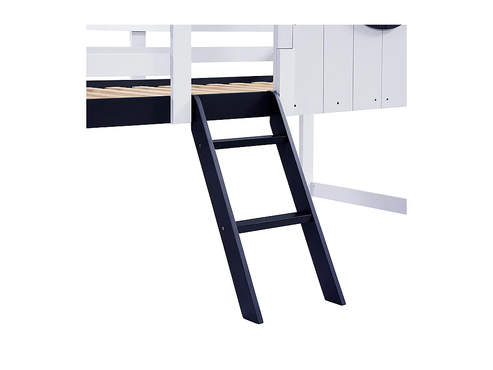 Lit mi-hauteur enfant 90x200 toit fenêtre tiroir roulettes échelle inclinée deux marches pin MDF contreplaqué blanc et bleu foncé