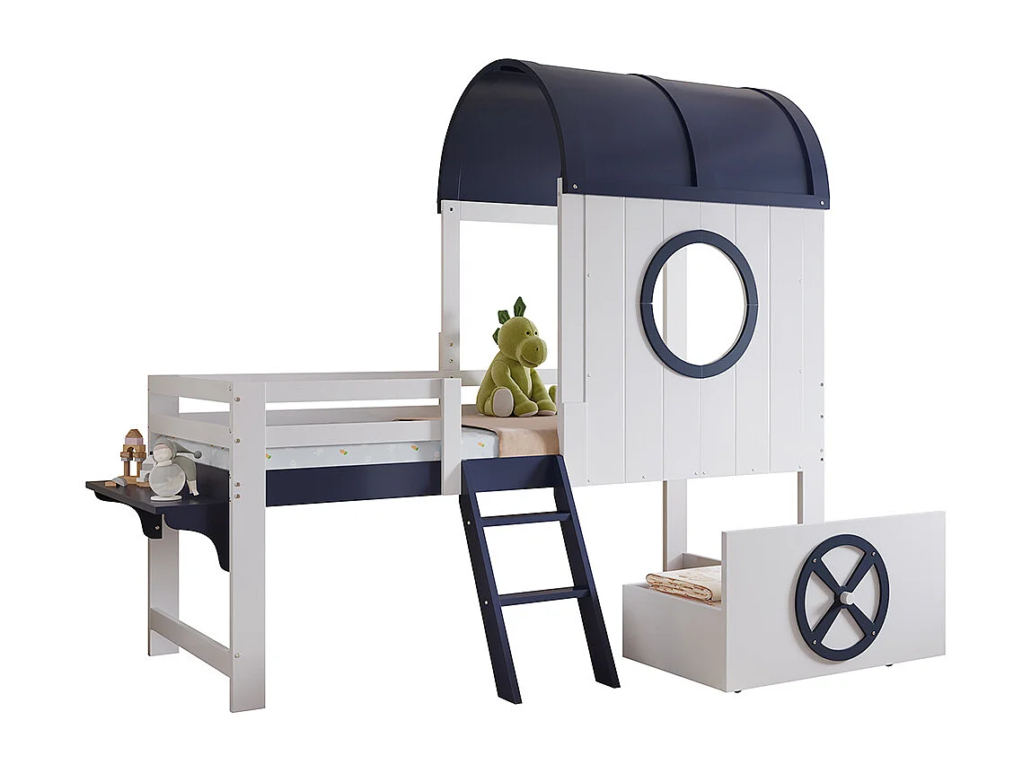 Lit mi-hauteur enfant 90x200 toit fenêtre tiroir roulettes échelle inclinée deux marches pin MDF contreplaqué blanc et bleu foncé