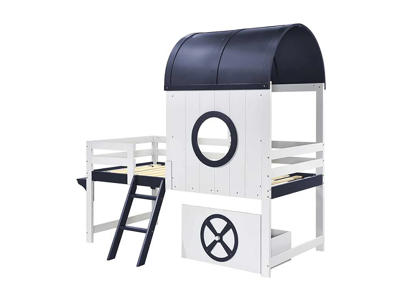 Lit mi-hauteur enfant 90x200 toit fenêtre tiroir roulettes échelle inclinée deux marches pin MDF contreplaqué blanc et bleu foncé