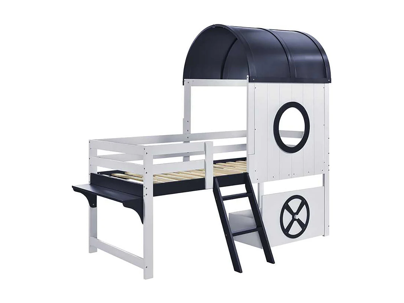 Lit mi-hauteur enfant 90x200 toit fenêtre tiroir roulettes échelle inclinée deux marches pin MDF contreplaqué blanc et bleu foncé