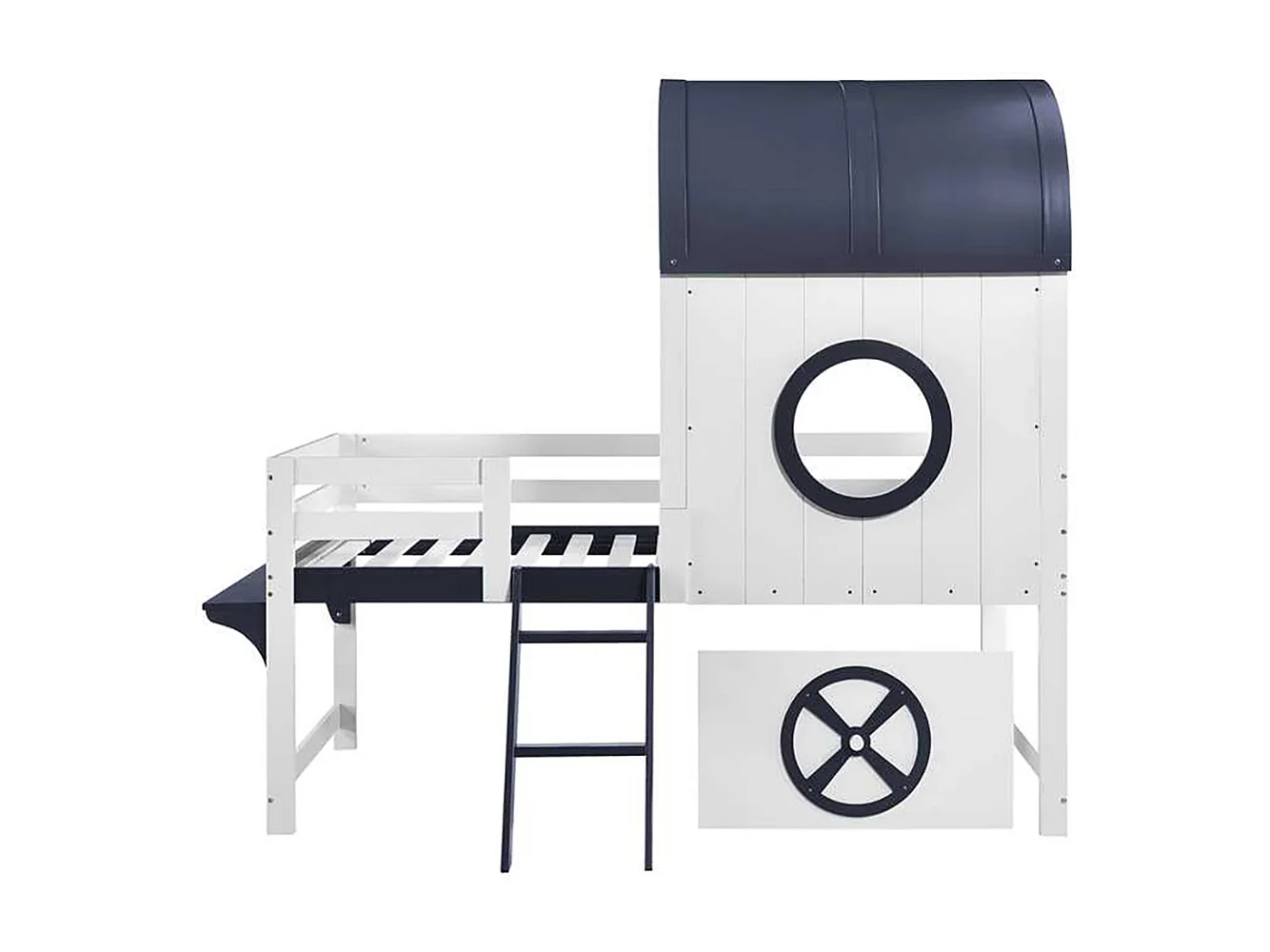 Lit mi-hauteur enfant 90x200 toit fenêtre tiroir roulettes échelle inclinée deux marches pin MDF contreplaqué blanc et bleu foncé