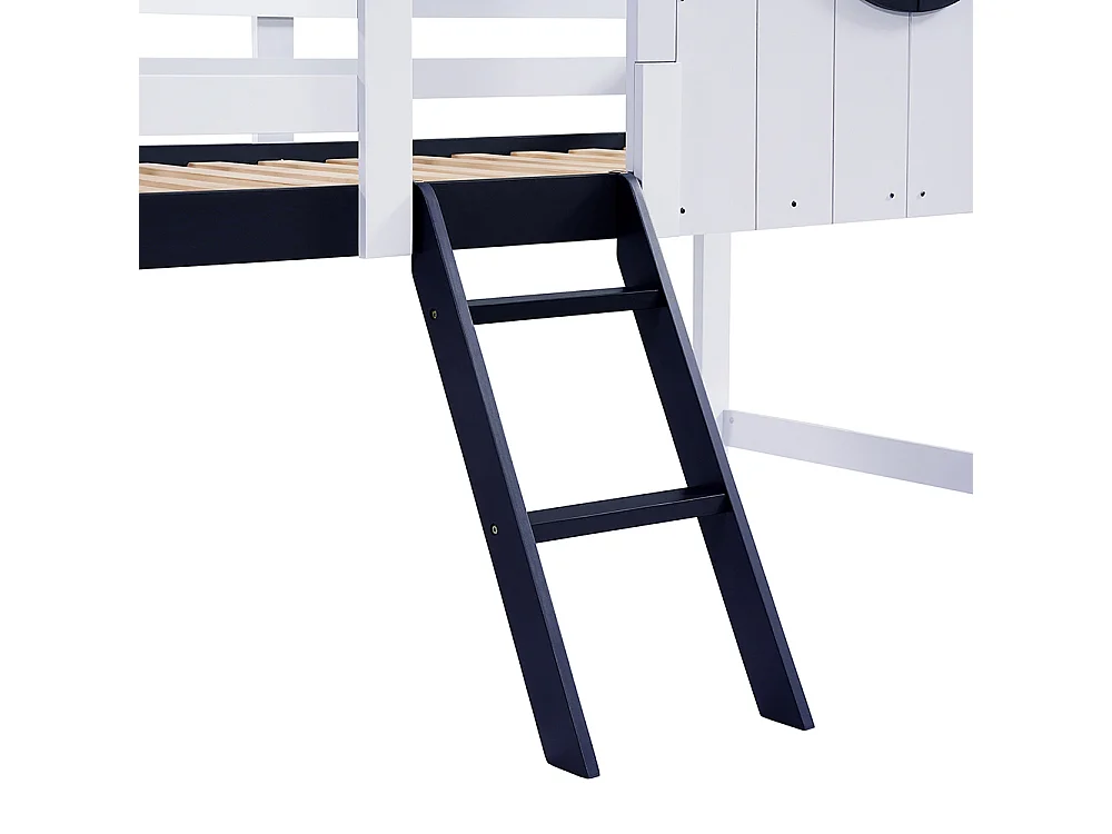 Lit mi-hauteur enfant 90x200 toit fenêtre tiroir roulettes échelle inclinée deux marches pin MDF contreplaqué blanc et bleu foncé