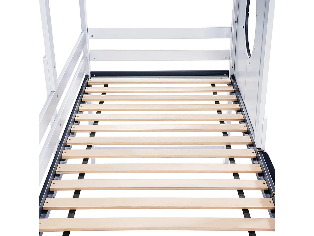 Lit mi-hauteur enfant 90x200 toit fenêtre tiroir roulettes échelle inclinée deux marches pin MDF contreplaqué blanc et bleu foncé