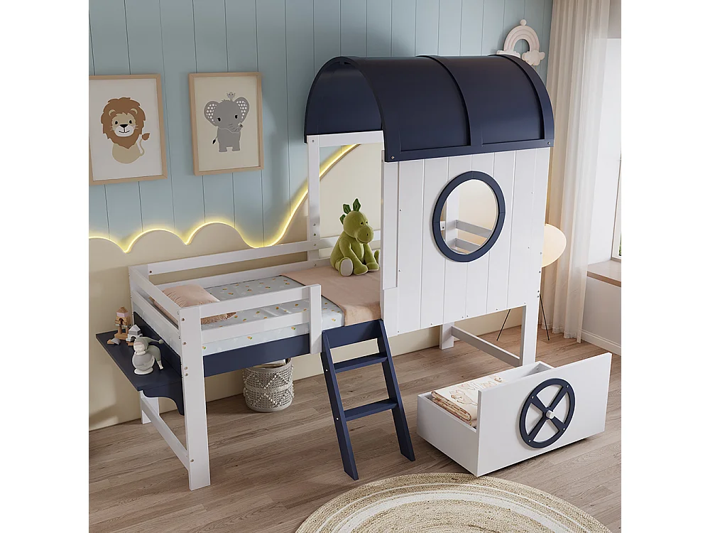 Lit mi-hauteur enfant 90x200 toit fenêtre tiroir roulettes échelle inclinée deux marches pin MDF contreplaqué blanc et bleu foncé