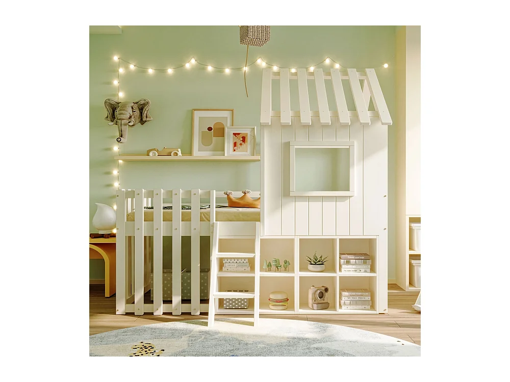 Lit mezzanine 90x200 avec toit et fenêtre avec espace de rangement ouvert avec échelle couleur blanc