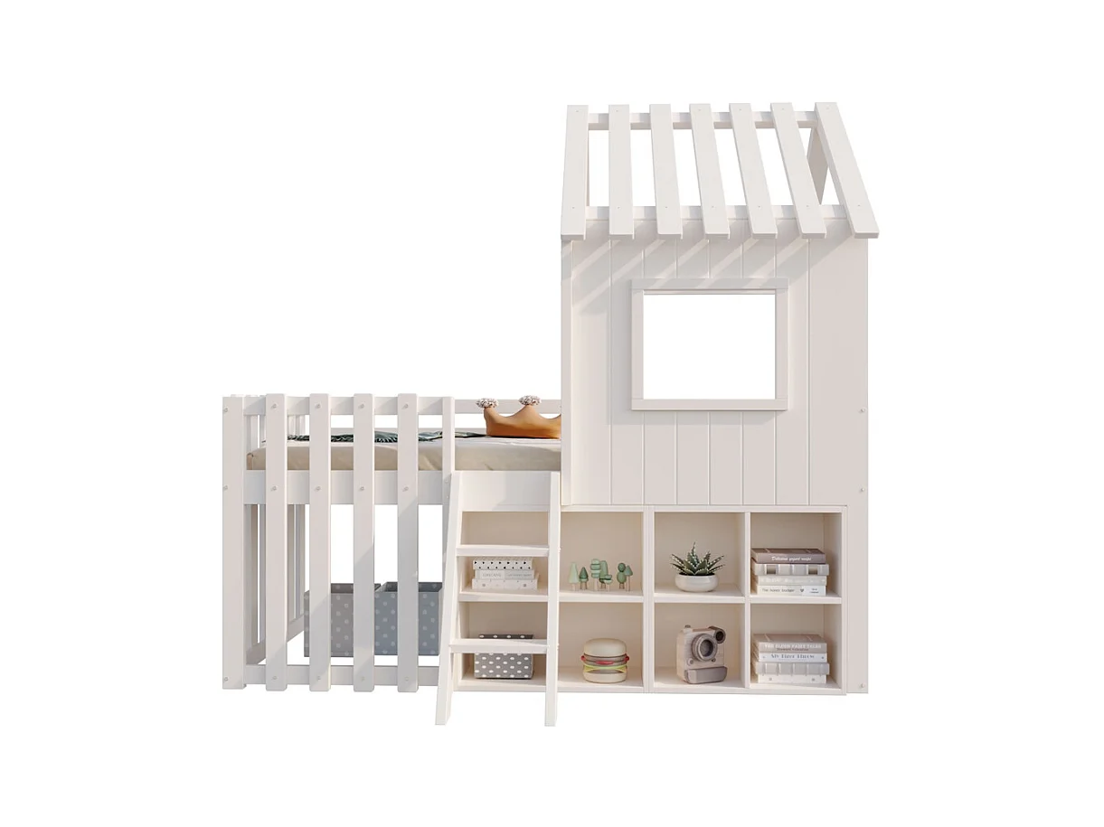 Lit mezzanine 90x200 avec toit et fenêtre avec espace de rangement ouvert avec échelle couleur blanc