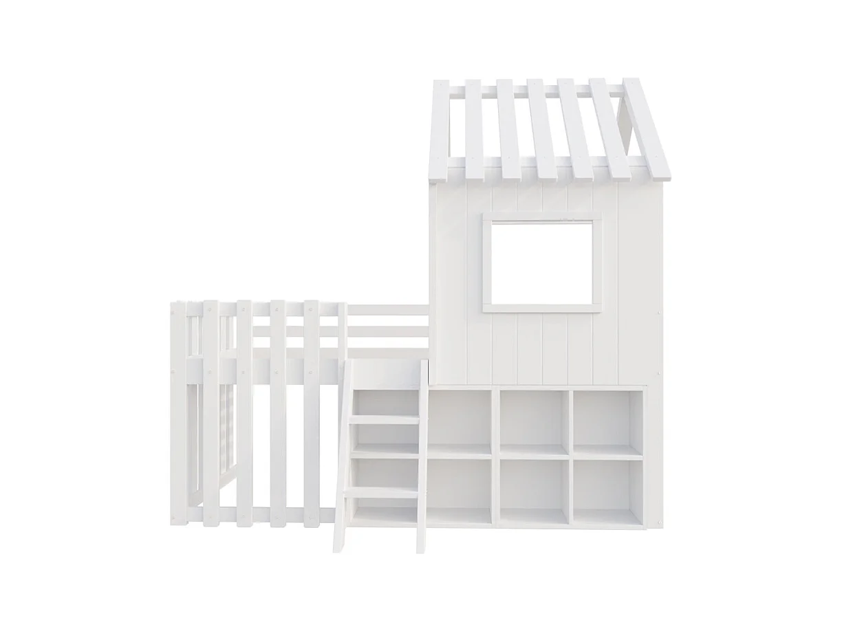 Lit mezzanine 90x200 avec toit et fenêtre avec espace de rangement ouvert avec échelle couleur blanc