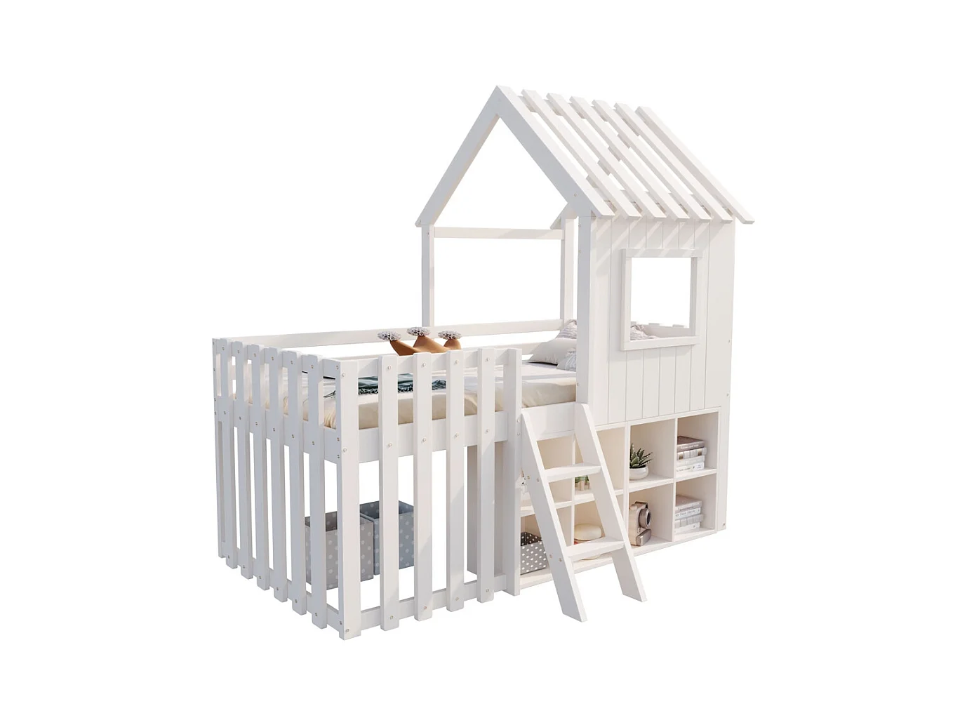 Lit mezzanine 90x200 avec toit et fenêtre avec espace de rangement ouvert avec échelle couleur blanc