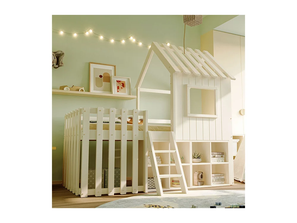 Lit mezzanine 90x200 avec toit et fenêtre avec espace de rangement ouvert avec échelle couleur blanc