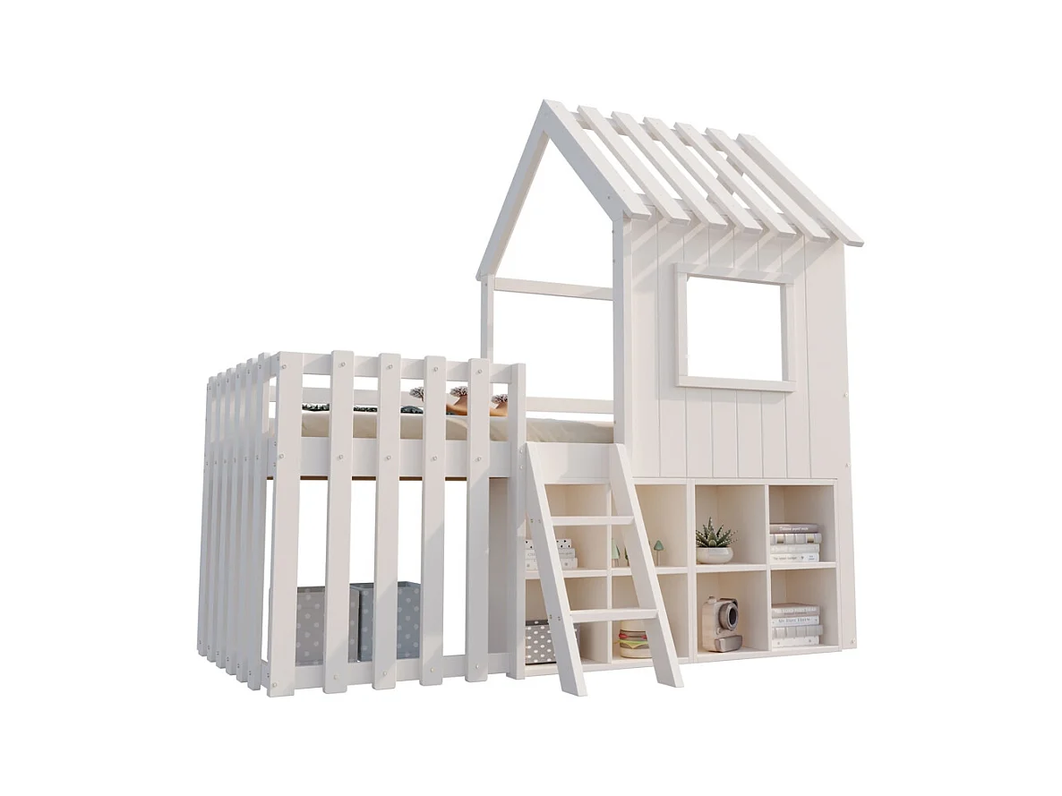 Lit mezzanine 90x200 avec toit et fenêtre avec espace de rangement ouvert avec échelle couleur blanc