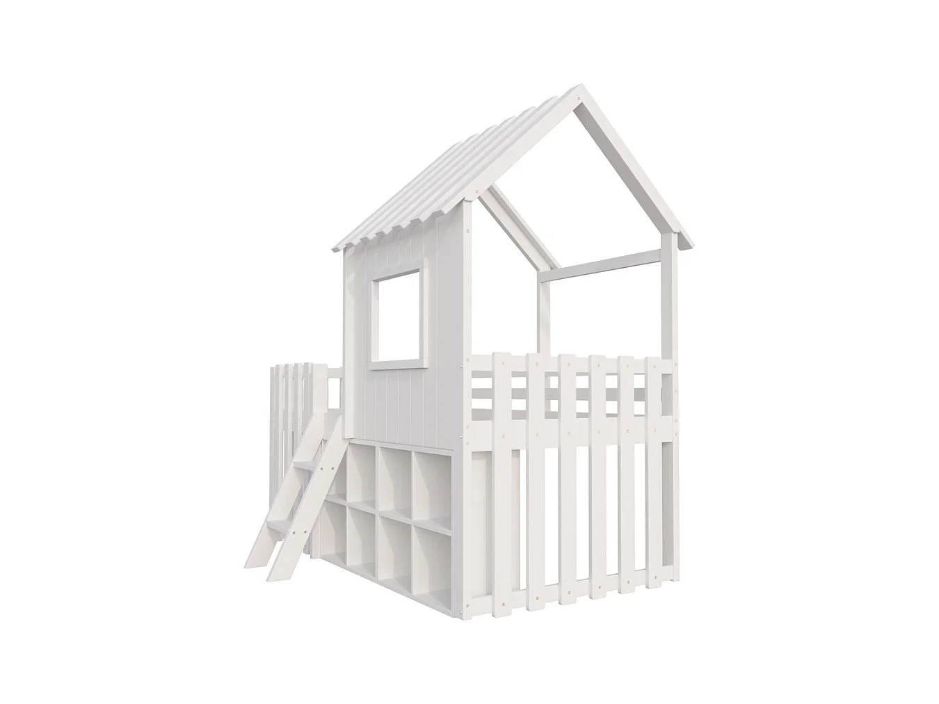 Lit mezzanine 90x200 avec toit et fenêtre avec espace de rangement ouvert avec échelle couleur blanc
