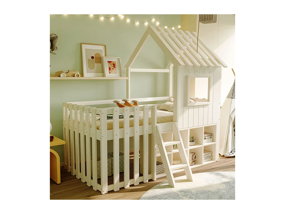 Lit mezzanine 90x200 avec toit et fenêtre avec espace de rangement ouvert avec échelle couleur blanc