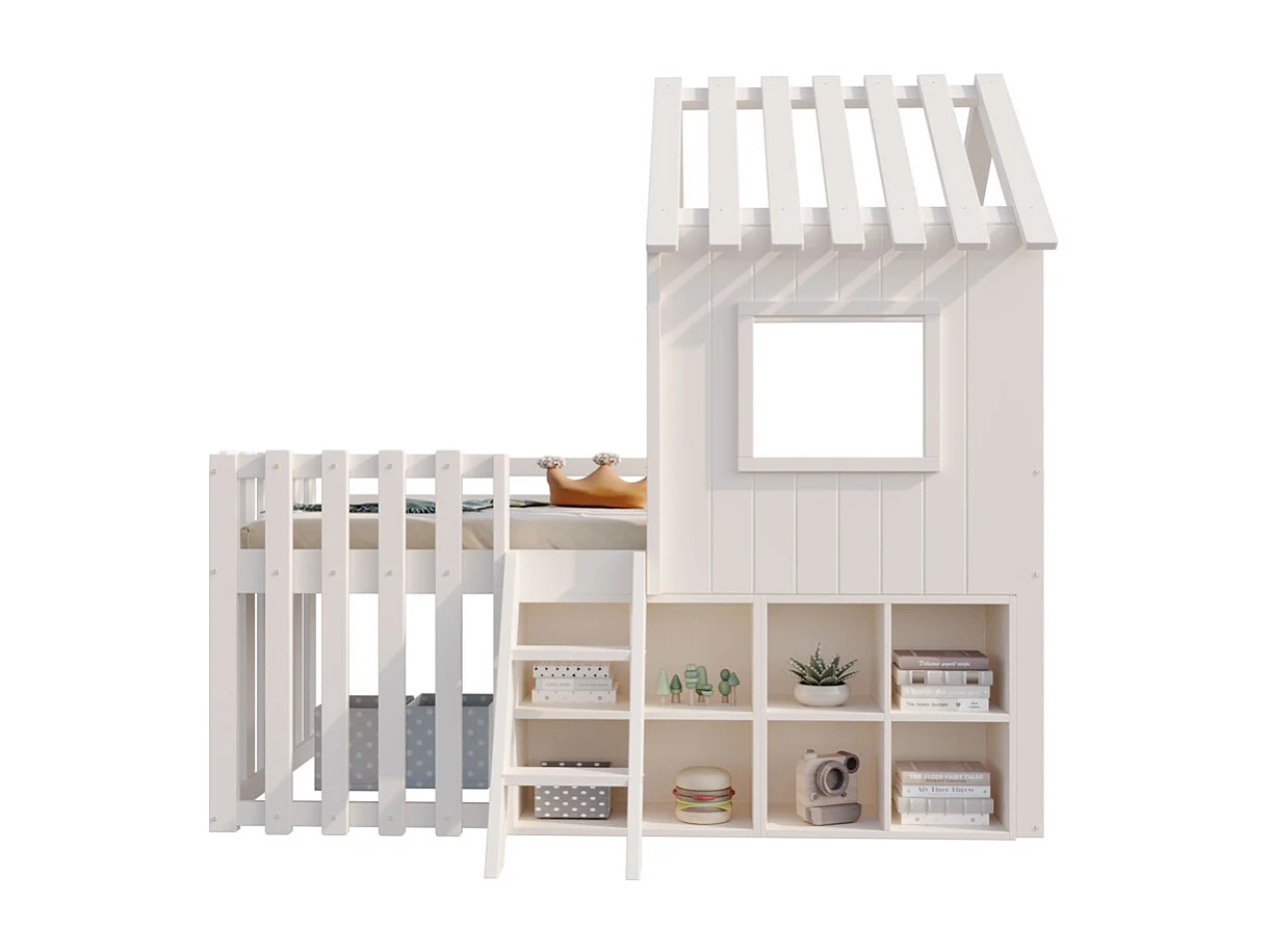 Lit mezzanine 90x200 avec toit et fenêtre avec espace de rangement ouvert avec échelle couleur blanc