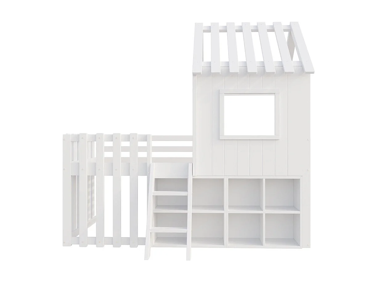 Lit mezzanine 90x200 avec toit et fenêtre avec espace de rangement ouvert avec échelle couleur blanc
