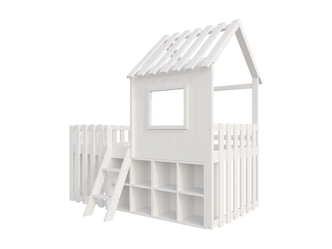 Lit mezzanine 90x200 avec toit et fenêtre avec espace de rangement ouvert avec échelle couleur blanc
