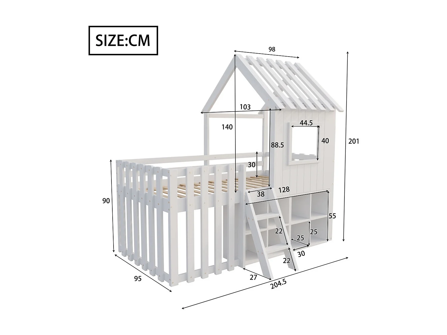 Lit mezzanine 90x200 avec toit et fenêtre avec espace de rangement ouvert avec échelle couleur blanc