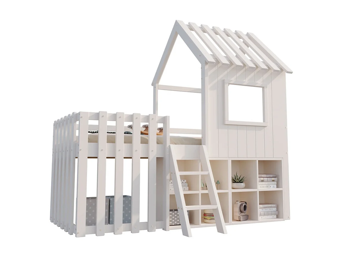 Lit mezzanine 90x200 avec toit et fenêtre avec espace de rangement ouvert avec échelle couleur blanc