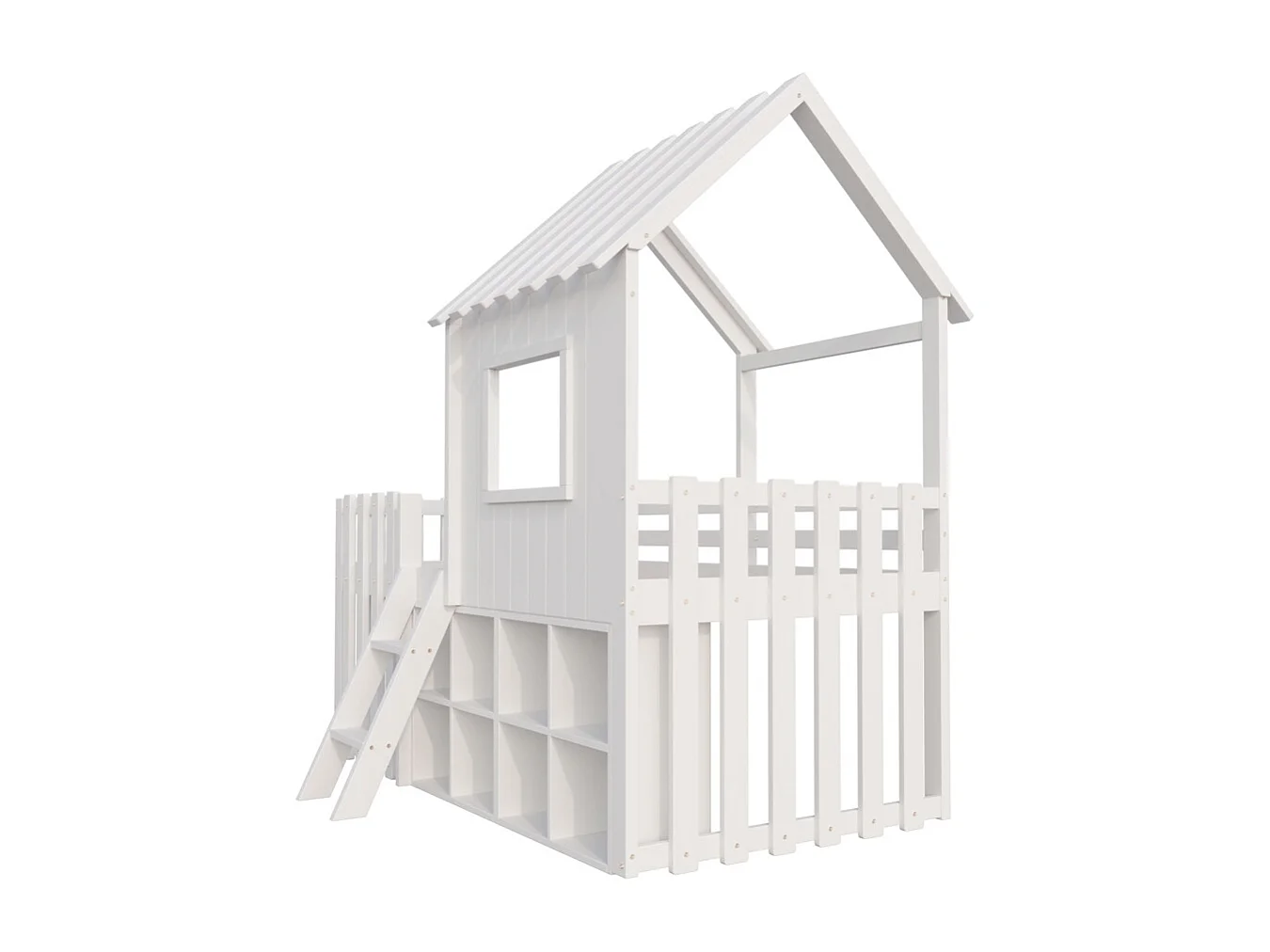 Lit mezzanine 90x200 avec toit et fenêtre avec espace de rangement ouvert avec échelle couleur blanc