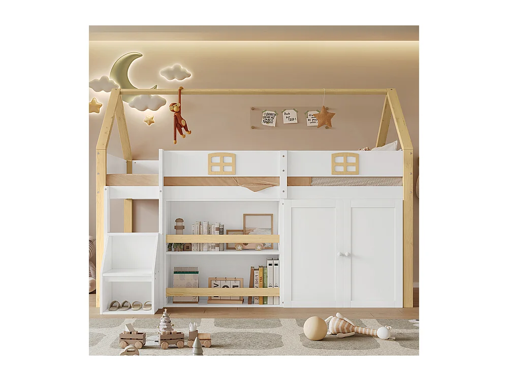 Lit mezzanine 90x200 bois mezzanine échelle 2 marches rangements étagères armoire toit fenêtre barrières blanc naturel