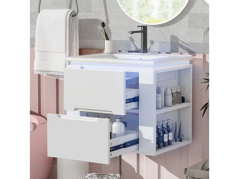 Armoire salle de bain suspendue laquee eclairage LED detection radar deux tiroirs silencieux deux tablettes laterales lavabo integre blanc