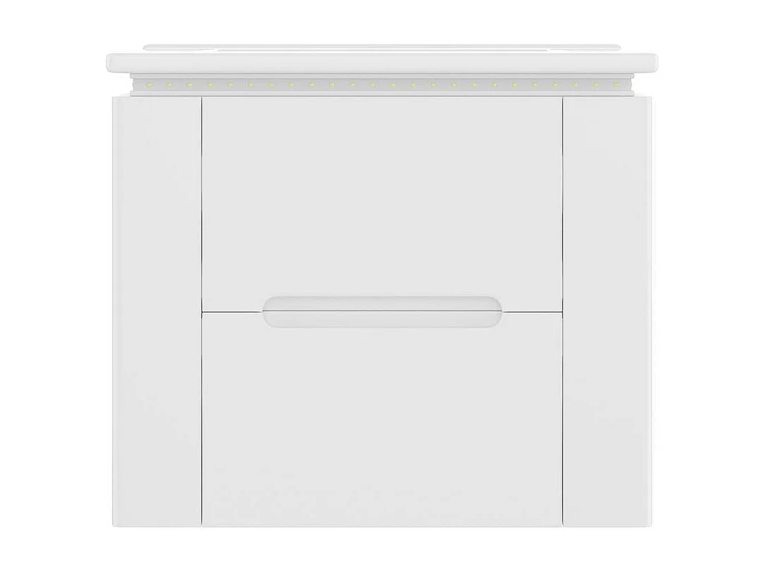 Armoire salle de bain suspendue laquee eclairage LED detection radar deux tiroirs silencieux deux tablettes laterales lavabo integre blanc