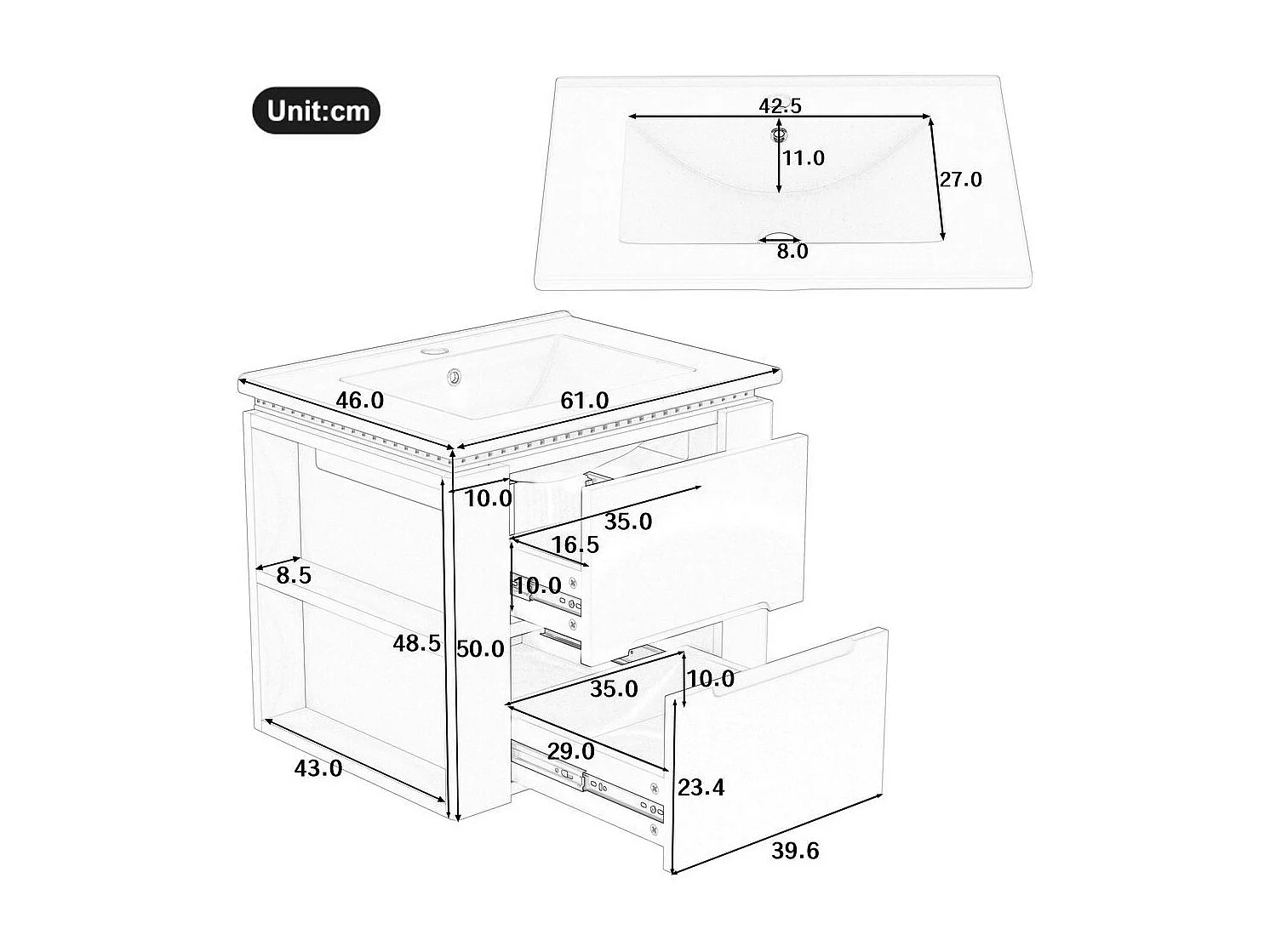 Armoire salle de bain suspendue laquee eclairage LED detection radar deux tiroirs silencieux deux tablettes laterales lavabo integre blanc