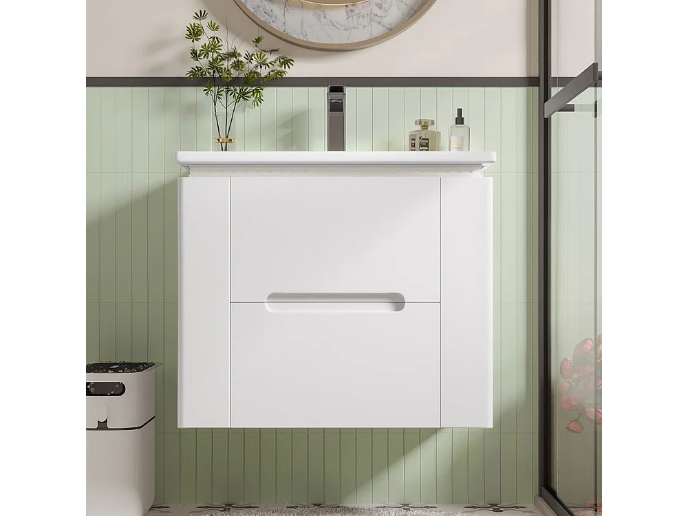 Armoire salle de bain suspendue laquee eclairage LED detection radar deux tiroirs silencieux deux tablettes laterales lavabo integre blanc