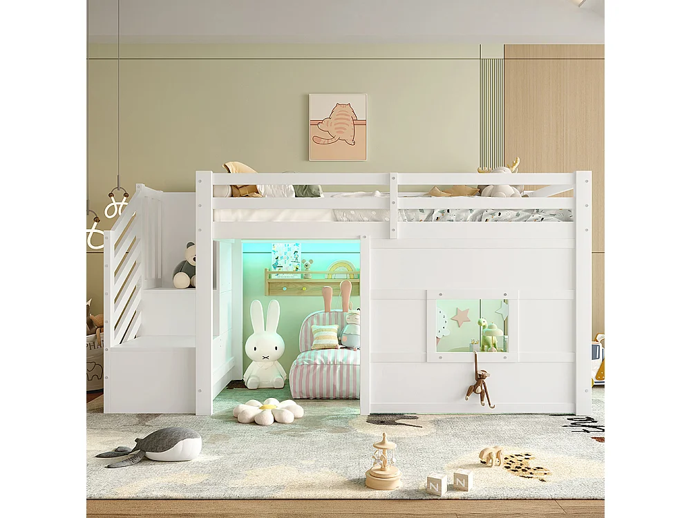 Lit mezzanine 90x200 escalier rangement fenêtre blanc