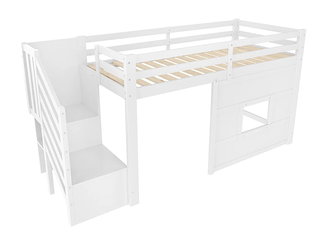 Lit mezzanine 90x200 escalier rangement fenêtre blanc