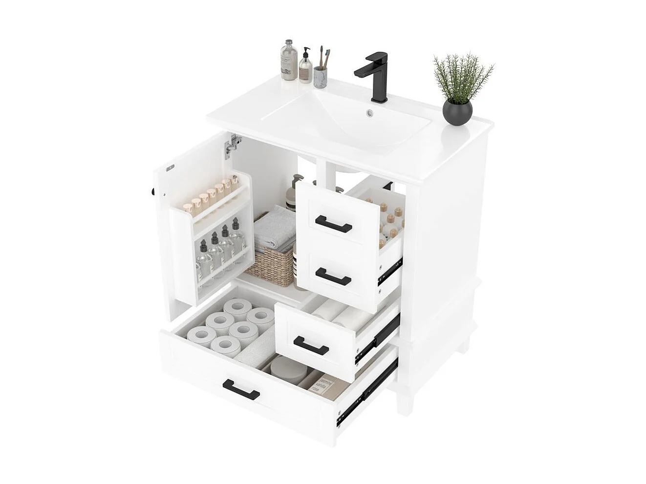 Meuble salle de bain lavabo vasque laque etagere porte trois tiroirs silencieux vasque ceramique integre blanc