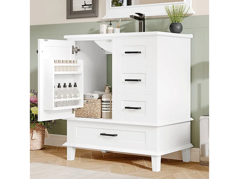 Meuble salle de bain lavabo vasque laque etagere porte trois tiroirs silencieux vasque ceramique integre blanc