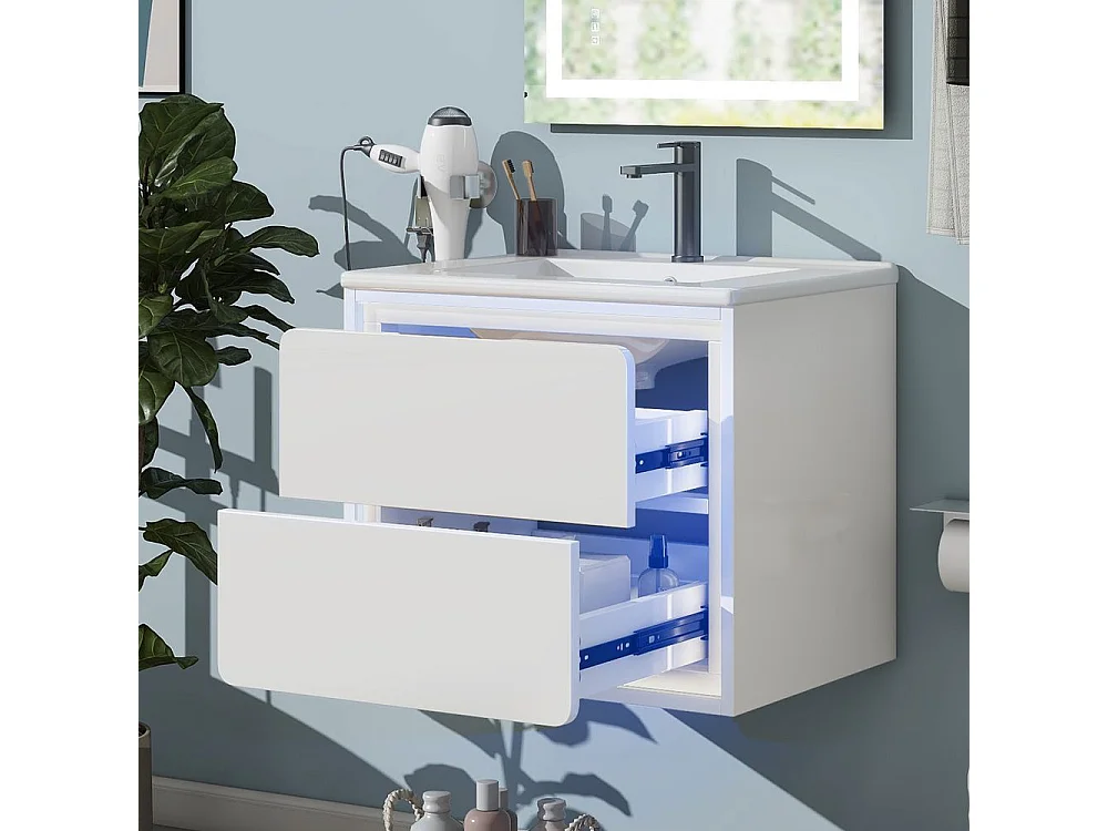 Armoire salle de bain suspendue laquee eclairage LED detection radar deux tiroirs glissieres silencieuses lavabo integre blanc