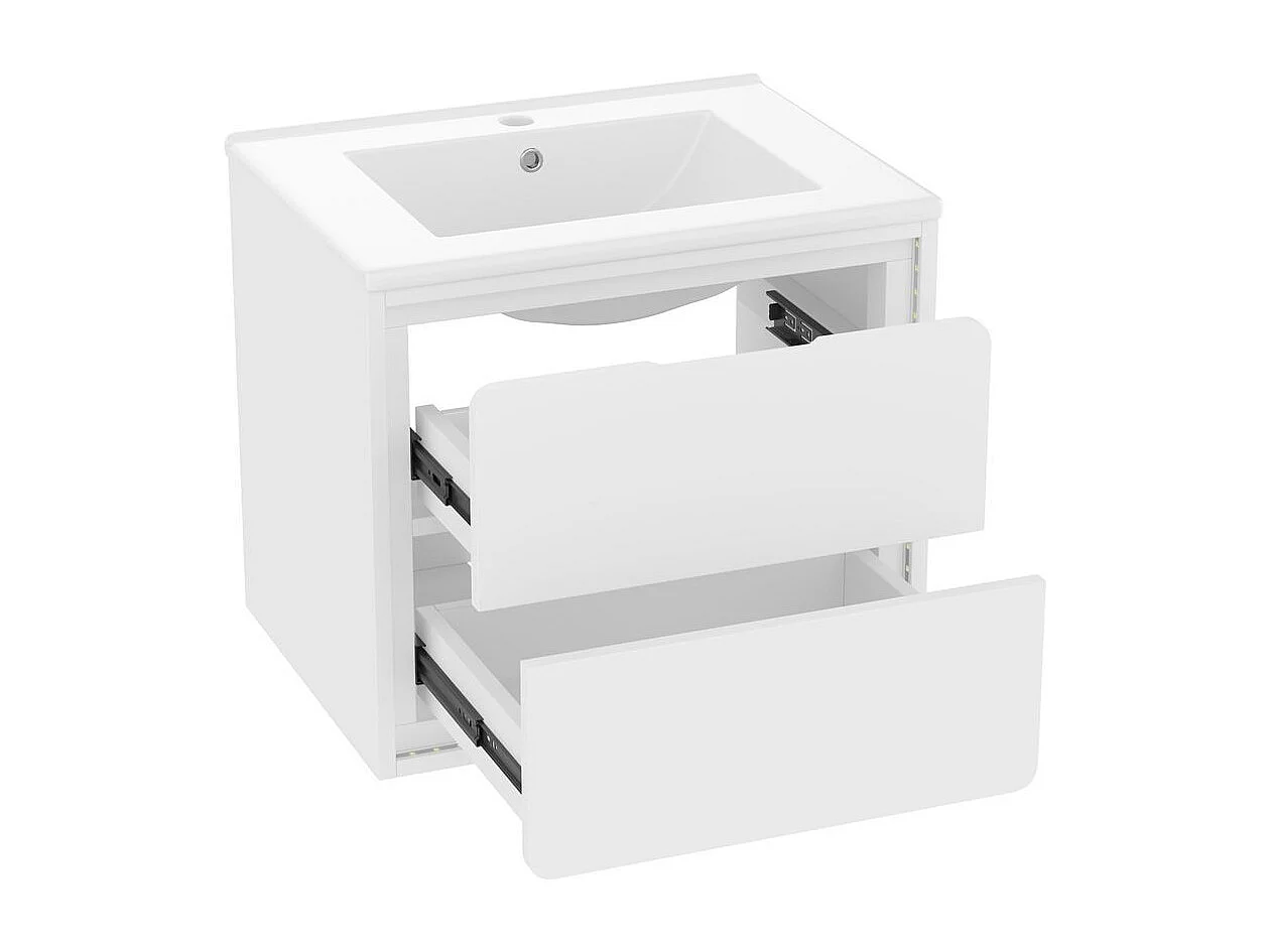 Armoire salle de bain suspendue laquee eclairage LED detection radar deux tiroirs glissieres silencieuses lavabo integre blanc