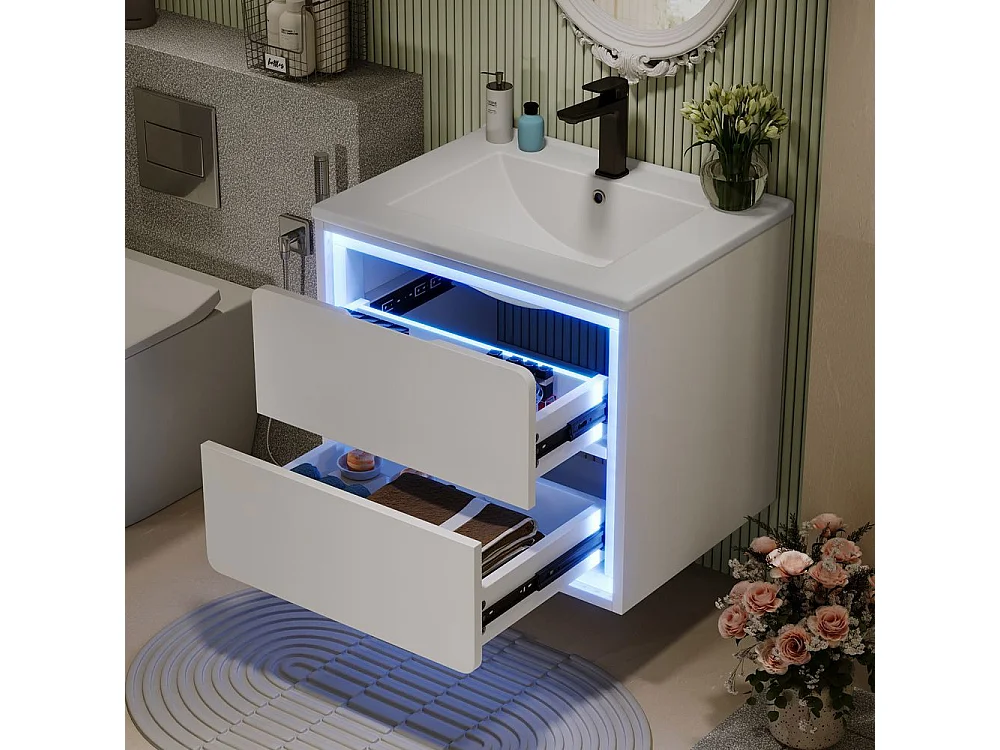 Armoire salle de bain suspendue laquee eclairage LED detection radar deux tiroirs glissieres silencieuses lavabo integre blanc
