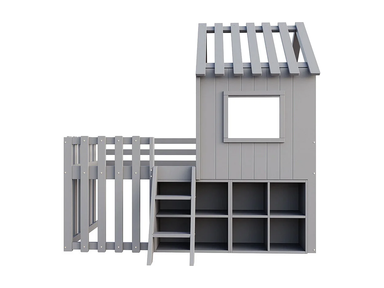 Lit mezzanine 90x200 avec toit et fenêtre avec espace de rangement ouvert avec échelle couleur gris