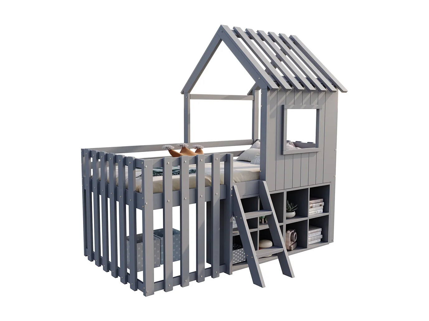 Lit mezzanine 90x200 avec toit et fenêtre avec espace de rangement ouvert avec échelle couleur gris