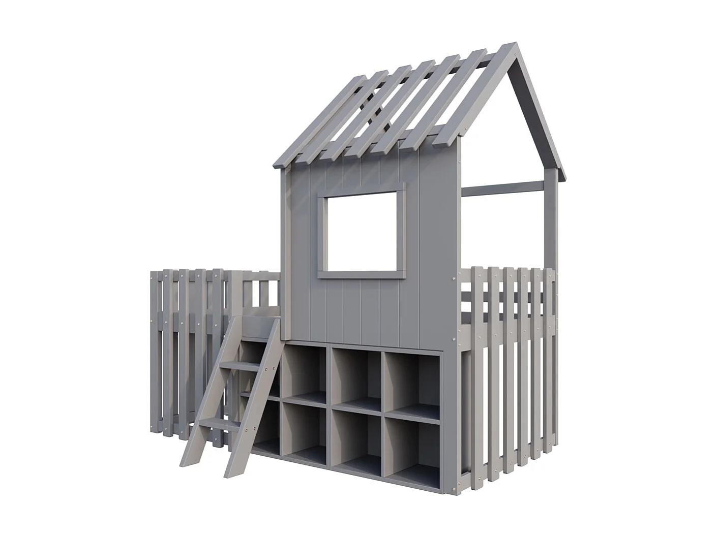 Lit mezzanine 90x200 avec toit et fenêtre avec espace de rangement ouvert avec échelle couleur gris