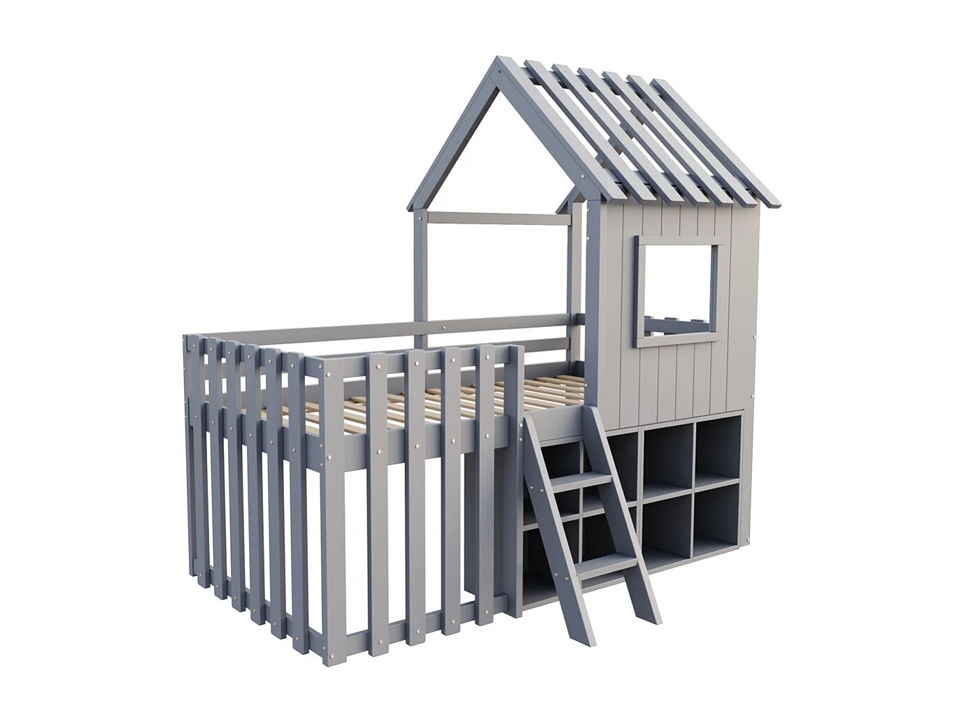 Lit mezzanine 90x200 avec toit et fenêtre avec espace de rangement ouvert avec échelle couleur gris