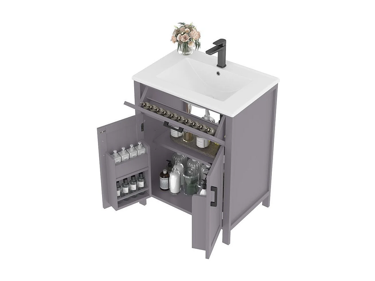 Meuble salle de bain lavabo vasque laque doubles etageres porte tiroirs pratiques etageres reglables vasque ceramique integre gris