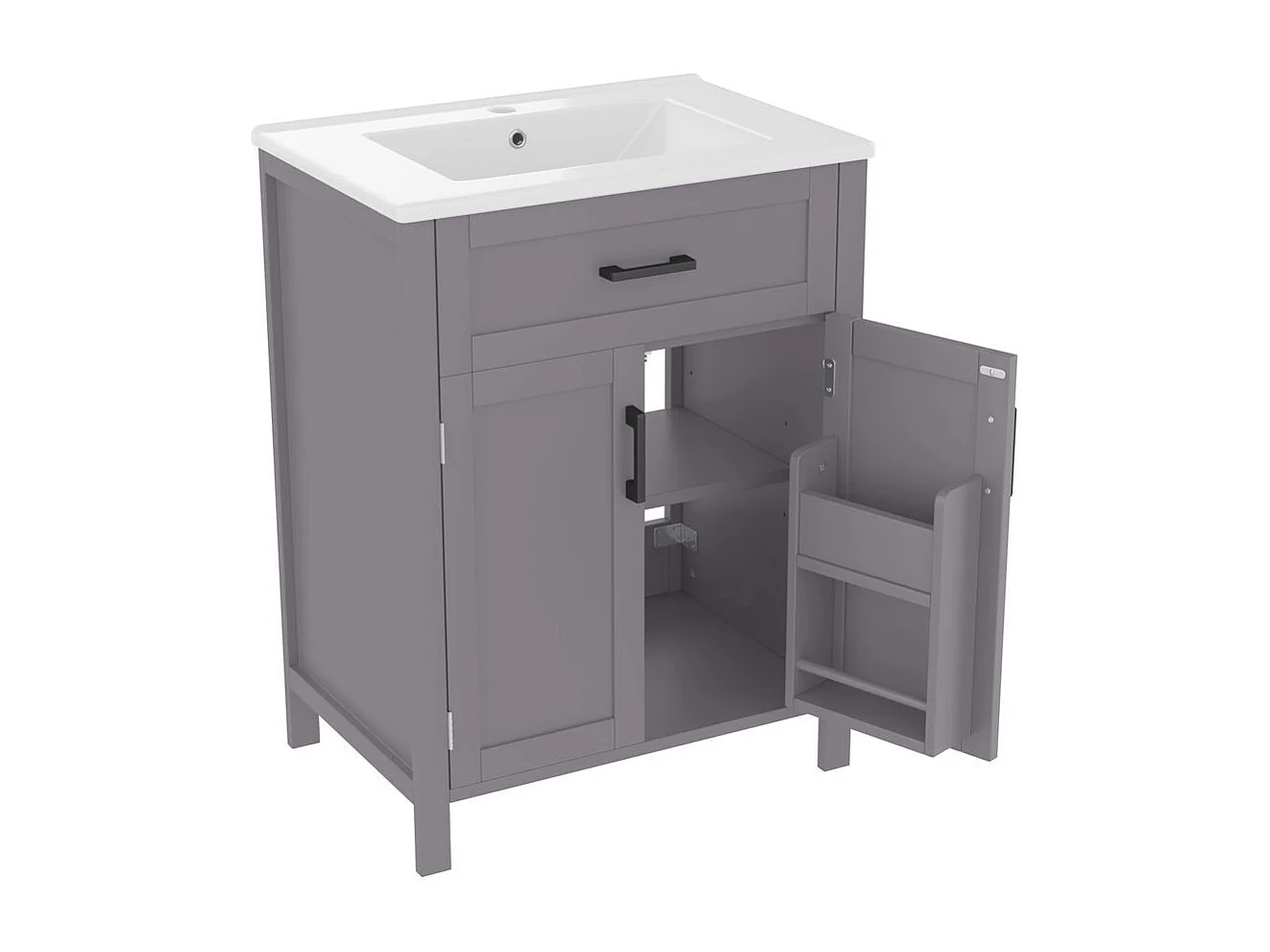 Meuble salle de bain lavabo vasque laque doubles etageres porte tiroirs pratiques etageres reglables vasque ceramique integre gris