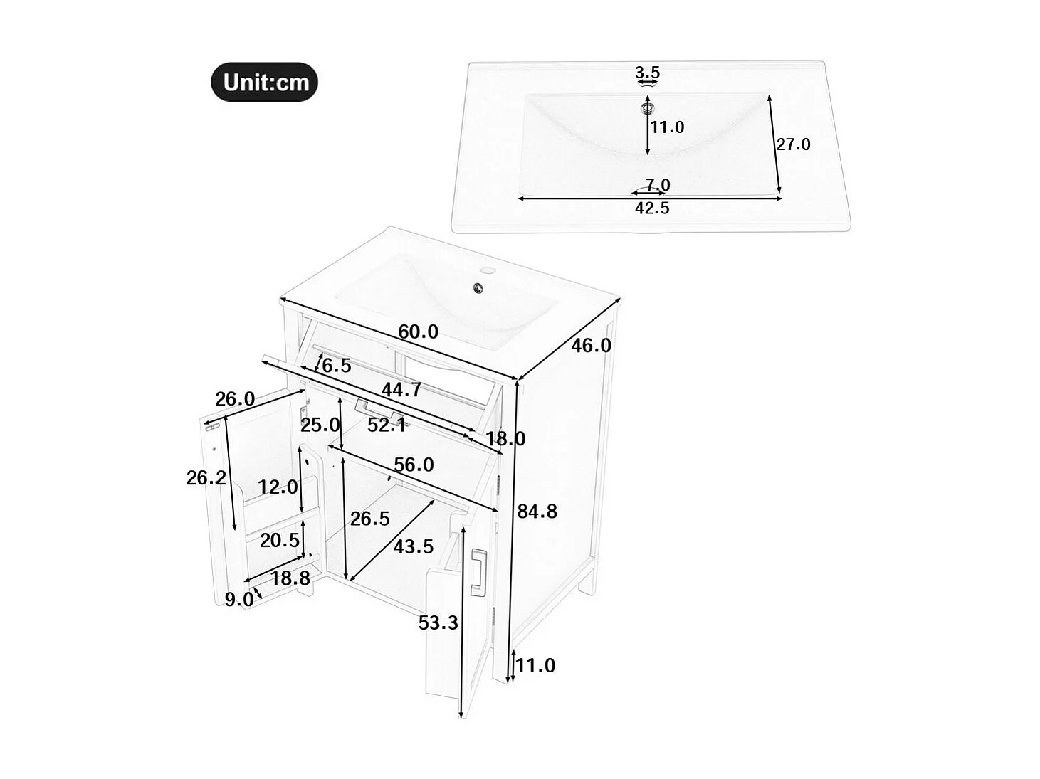 Meuble salle de bain lavabo vasque laque doubles etageres porte tiroirs pratiques etageres reglables vasque ceramique integre gris