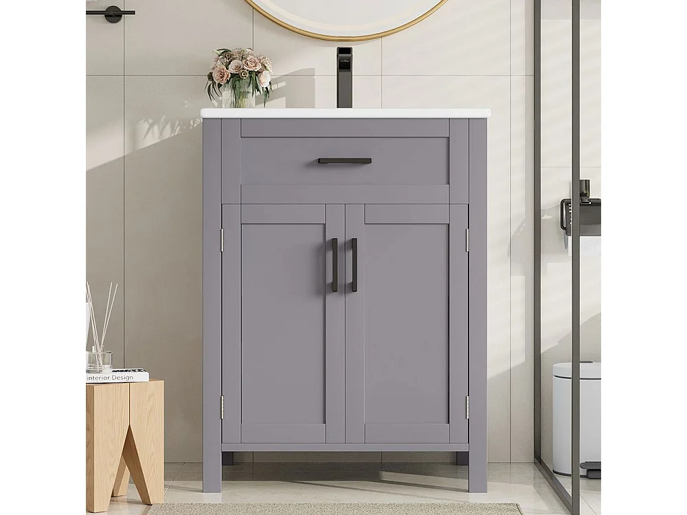 Meuble salle de bain lavabo vasque laque doubles etageres porte tiroirs pratiques etageres reglables vasque ceramique integre gris