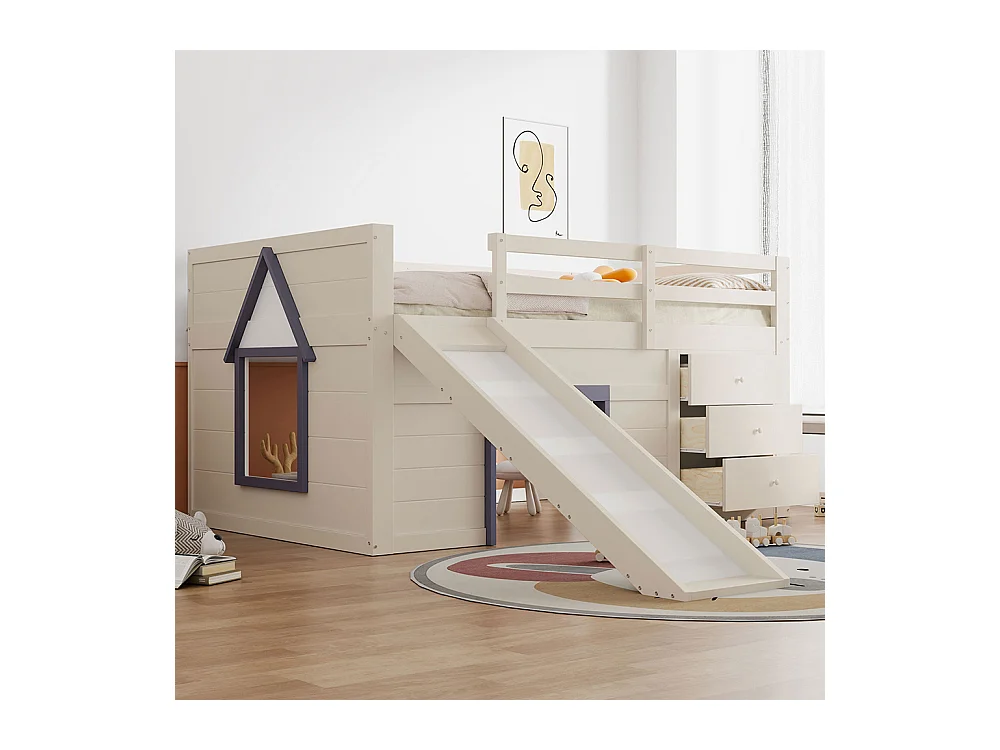 Lit superposé bas mezzanine 140x200 toboggan trois tiroirs deux portes crème