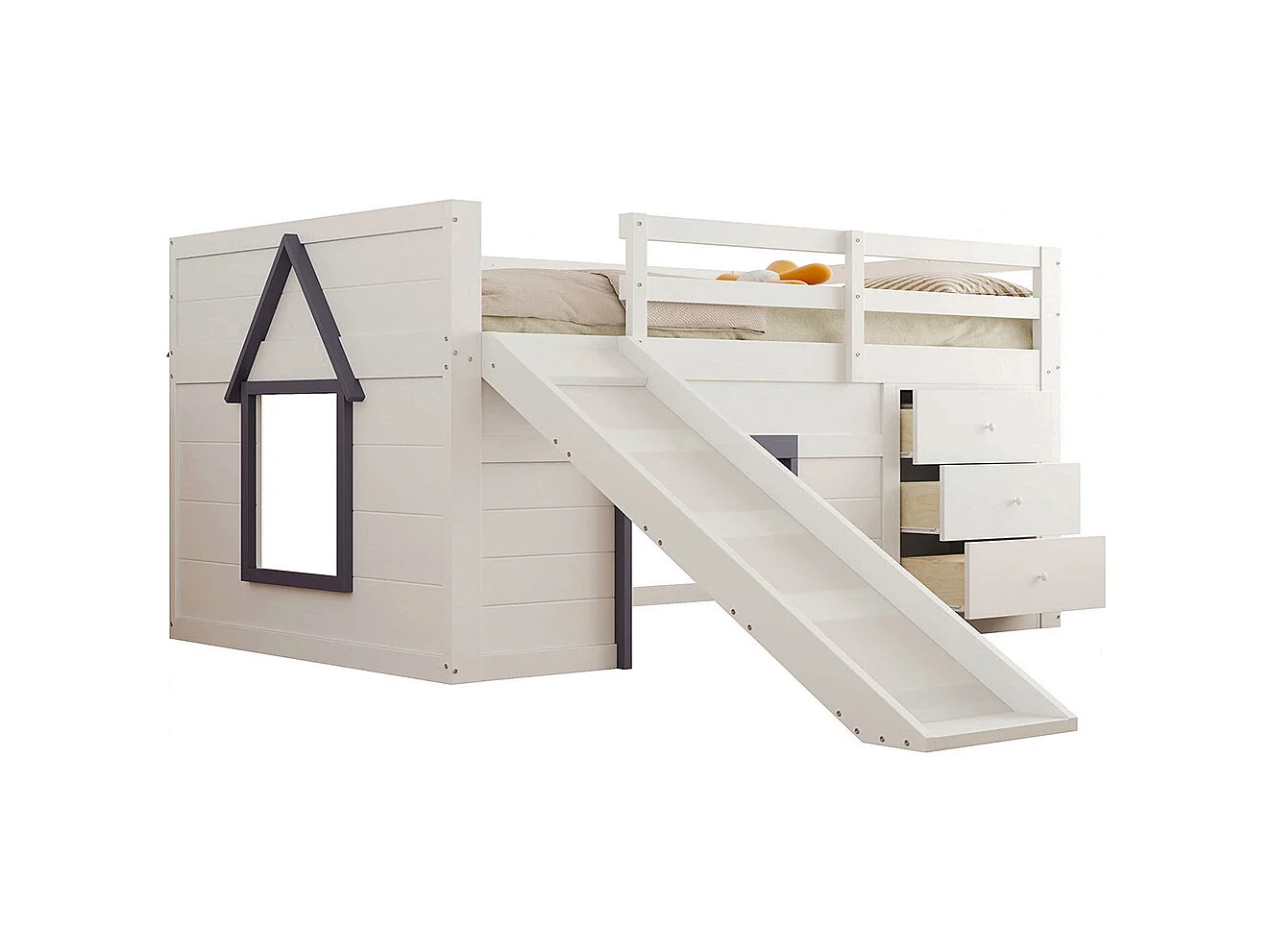 Lit superposé bas mezzanine 140x200 toboggan trois tiroirs deux portes crème