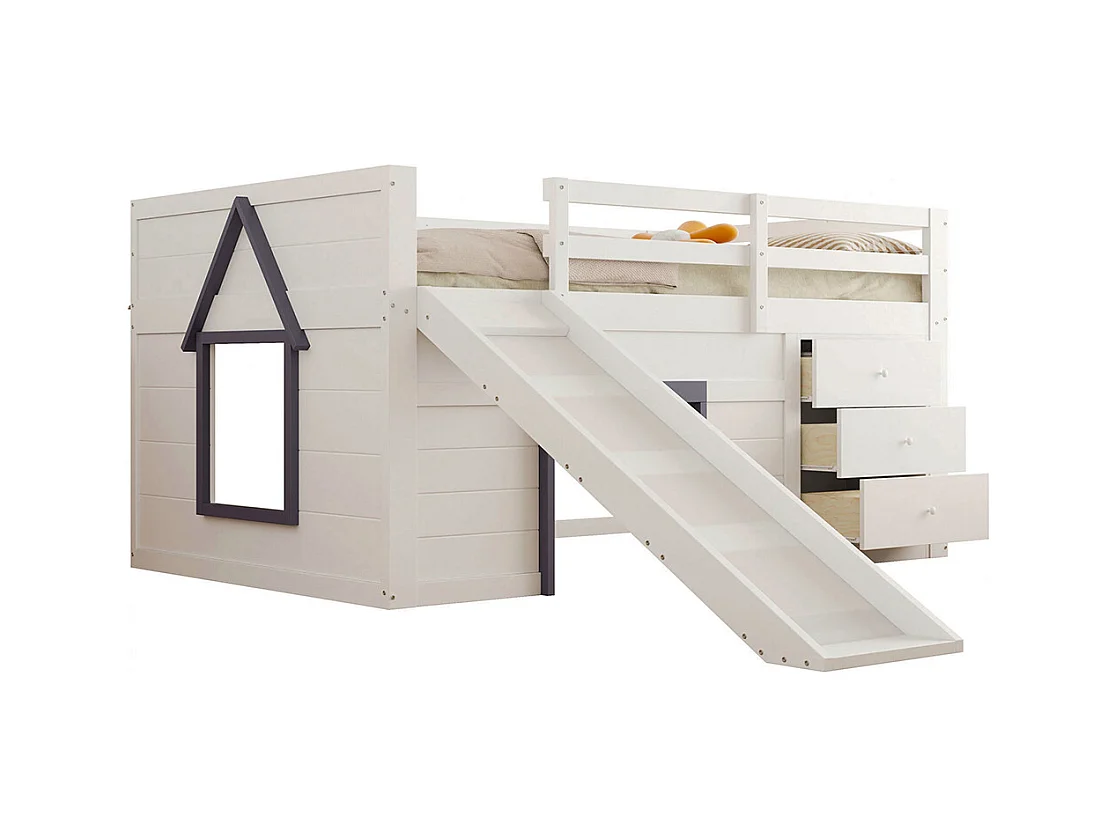 Lit superposé bas mezzanine 140x200 toboggan trois tiroirs deux portes crème