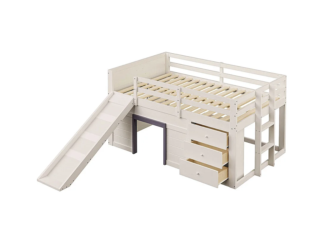 Lit superposé bas mezzanine 140x200 toboggan trois tiroirs deux portes crème