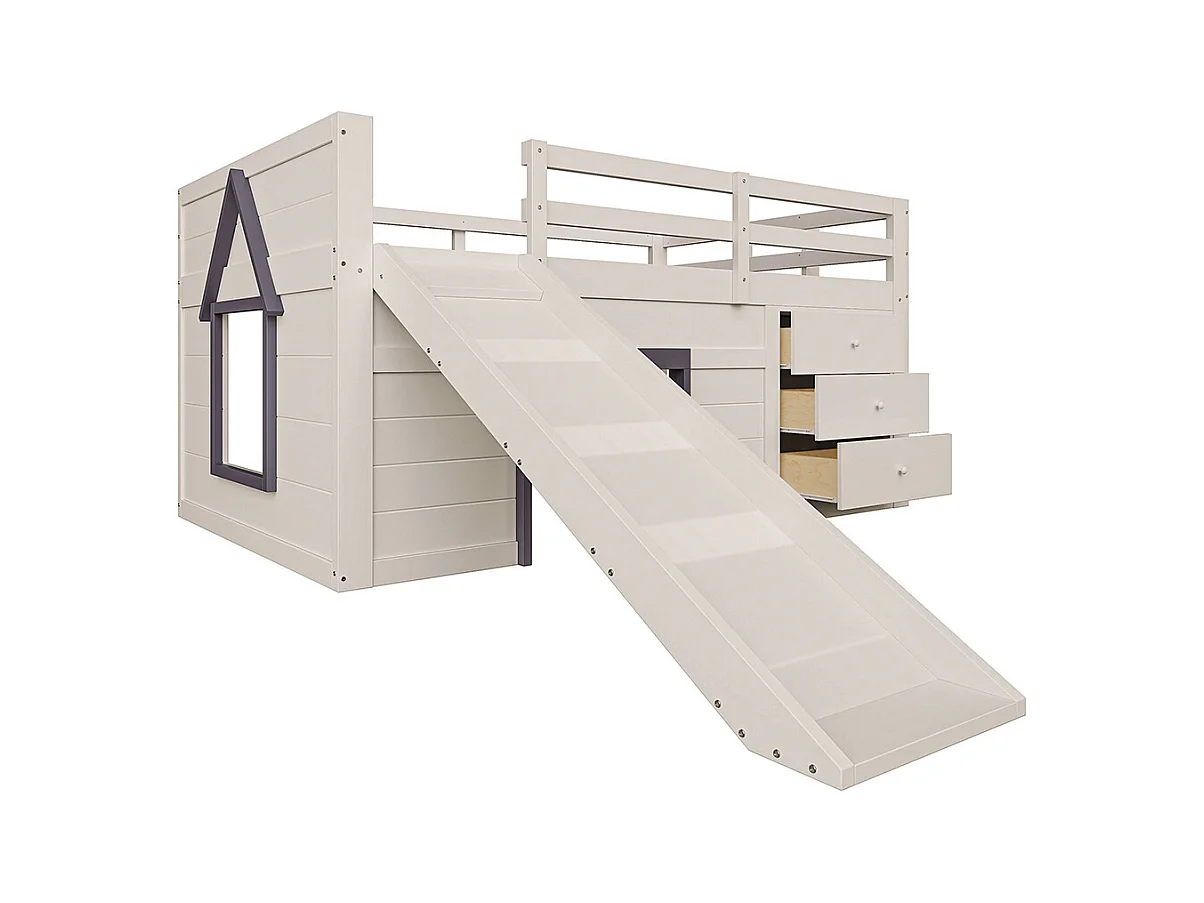 Lit superposé bas mezzanine 140x200 toboggan trois tiroirs deux portes crème