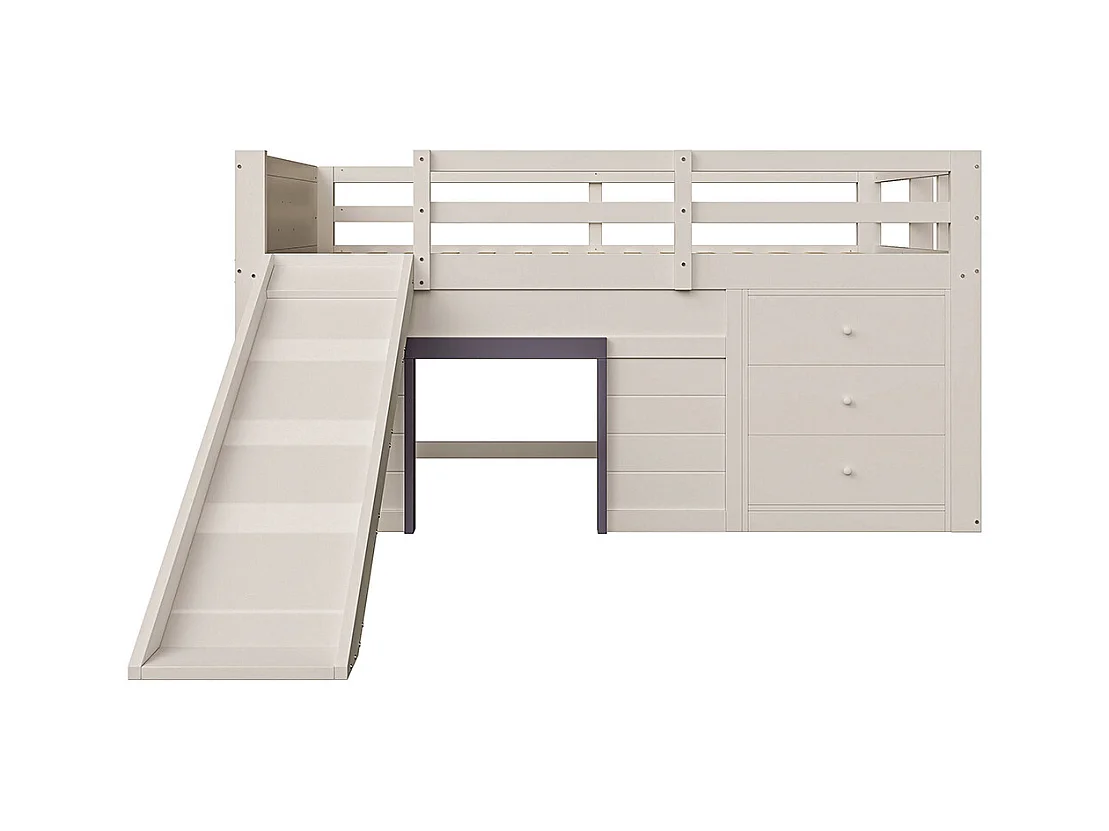 Lit superposé bas mezzanine 140x200 toboggan trois tiroirs deux portes crème