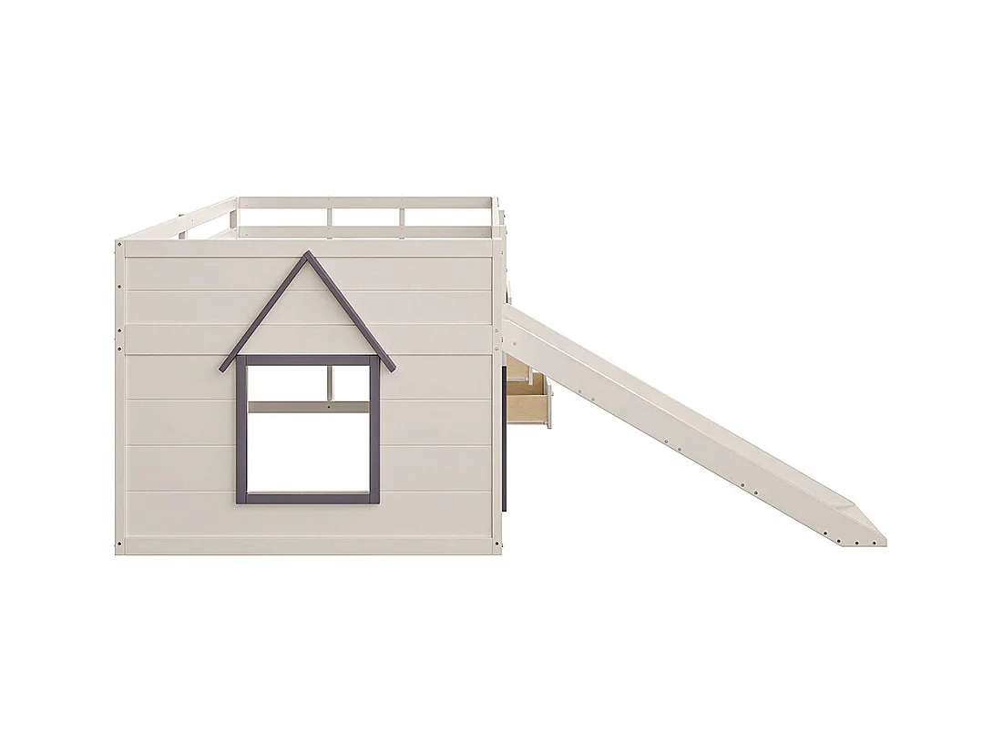 Lit superposé bas mezzanine 140x200 toboggan trois tiroirs deux portes crème